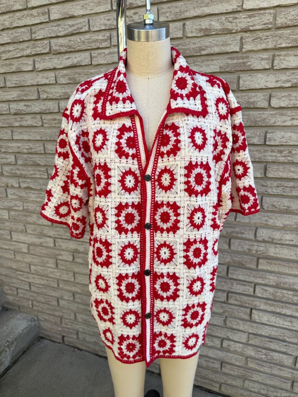 SUMWON Red White Granny Square Crochet Knit Button Up Shirt